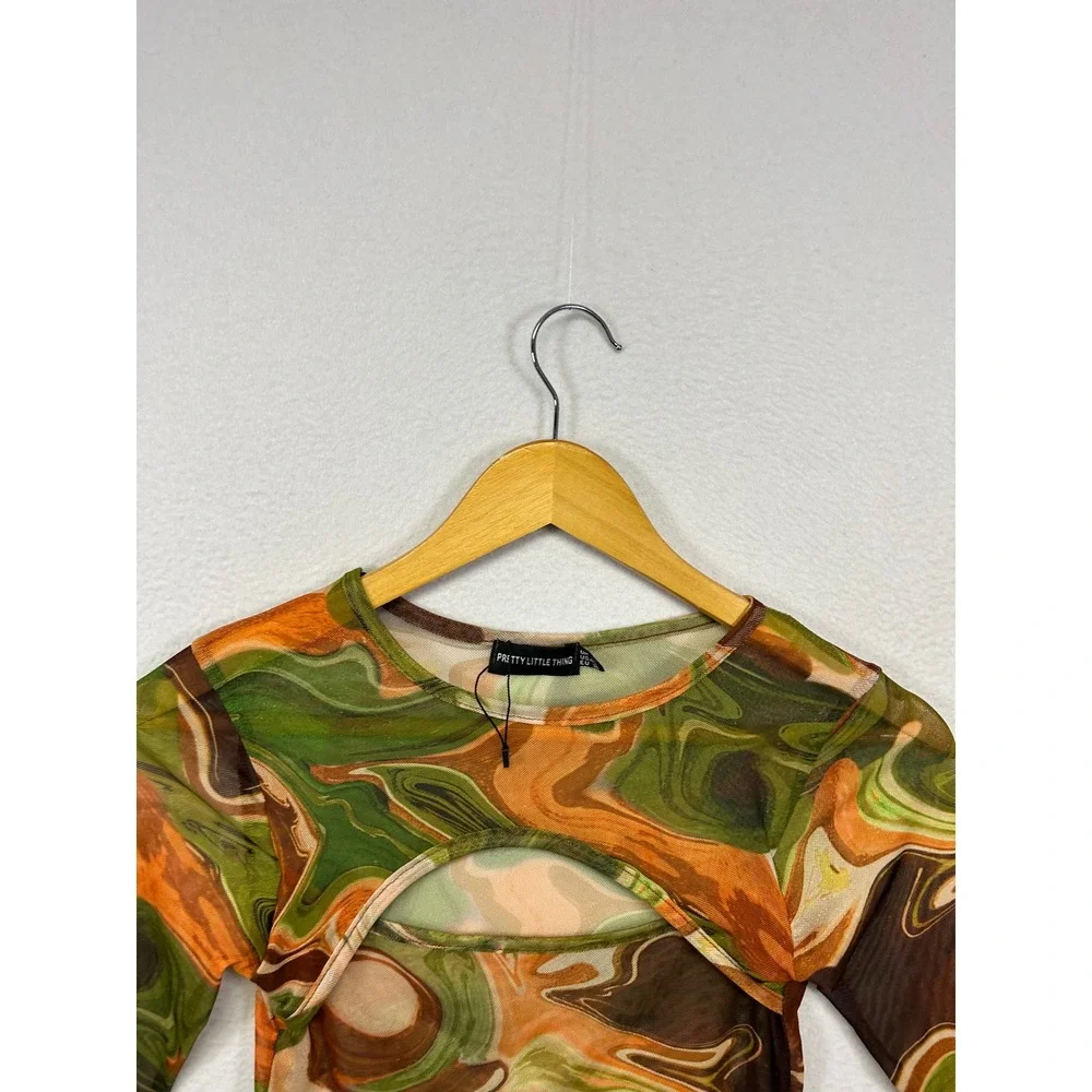 PrettyLittleThing Marble Mesh Cutout Festival Womens 4 Green Orange Crop Top